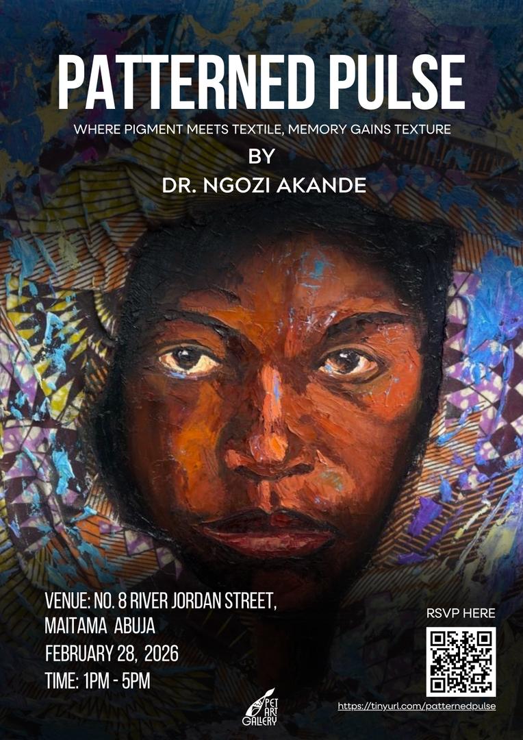 Patterned Pulse exhibition poster featuring a portrait painted with bold brushstrokes surrounded by vibrant textile patterns